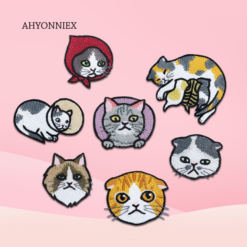 AHYONNIEX 1 Piece Cute Cat Kitty Iron On Patches For Clothing Embroidery Stripe On Clothes Cute DIY Applique Badge