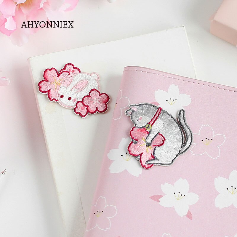 AHYONNIEX 1PC Cherry Flower Embroidery Patches for Bag Jeans Shiba Cat Rabbit Iron On Patches for Clothes Small DIY Patch Cute