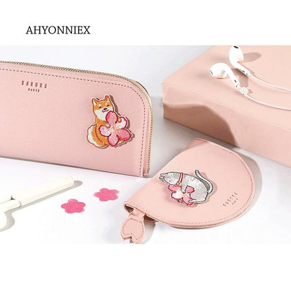 AHYONNIEX 1PC 桜の花の刺繍パッチ バッグ ジーンズ 柴猫 ウサギ アイロン接着パッチ 服 小さな DIY パッチ かわいい