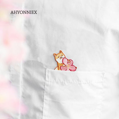 AHYONNIEX 1PC 桜の花の刺繍パッチ バッグ ジーンズ 柴猫 ウサギ アイロン接着パッチ 服 小さな DIY パッチ かわいい