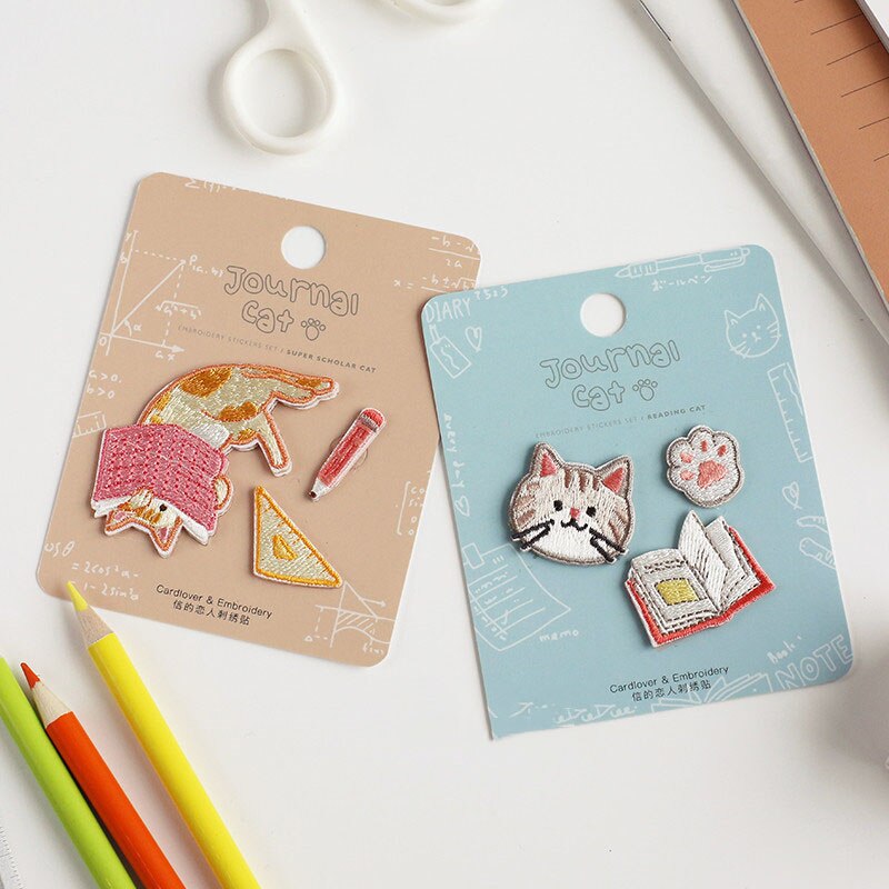 AHYONNIEX 3pcs In One Set Cute Study Hard Cat Patch Iron On Patches for Handbook Clothes Applique Shoes Bags DIY Accessories