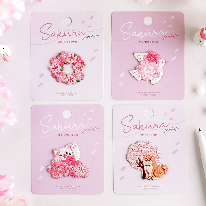 AHYONNIEX Cute Cherry Flower Embroidery Patches for Bag Jeans Shiba Bird Cat Iron On Patches for Clothes Small DIY Patches