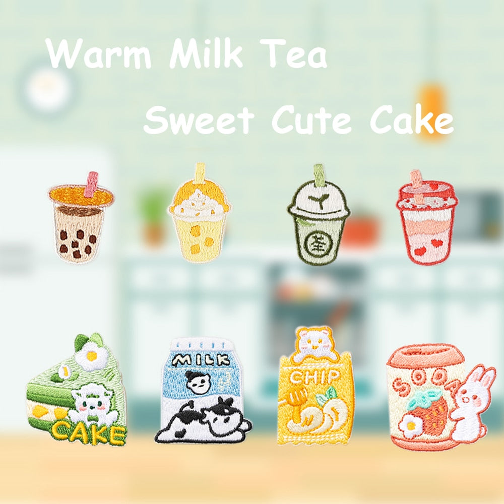 Cartoon Milk Tea Sweet Cake Milk Patches Applique Embroidery Parches