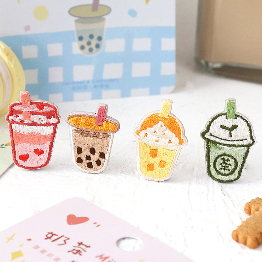 Cartoon Milk Tea Sweet Cake Milk Patches Applique Embroidery Parches