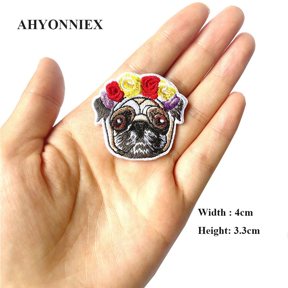 AHYONNIEX Dog Embroidery Parch Flower Pug Iron On Patches For Dresses DIY Clothing Iron on Dog Emblem