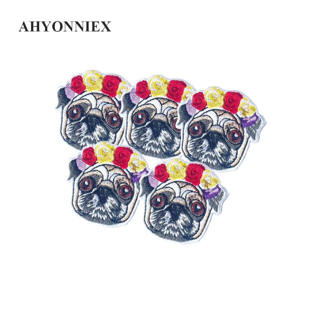 AHYONNIEX Dog Embroidery Parch Flower Pug Iron On Patches For Dresses DIY Clothing Iron on Dog Emblem