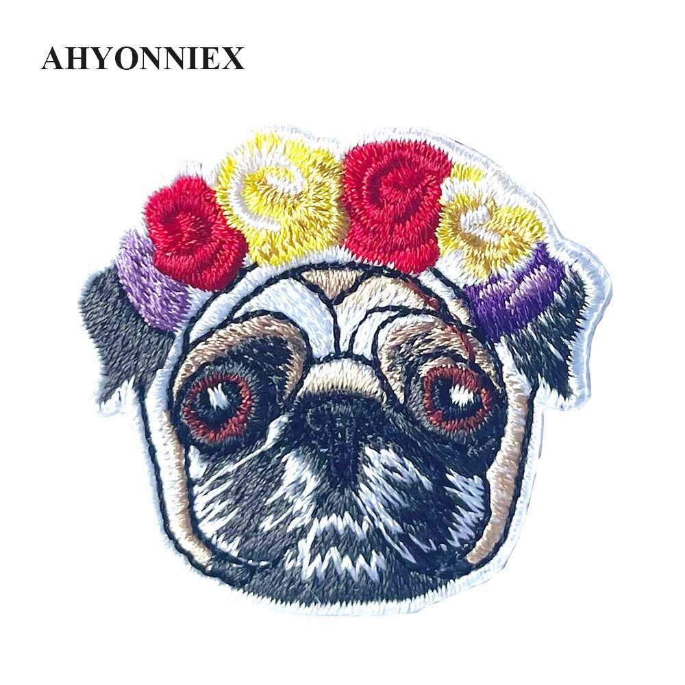 AHYONNIEX Dog Embroidery Parch Flower Pug Iron On Patches For Dresses DIY Clothing Iron on Dog Emblem