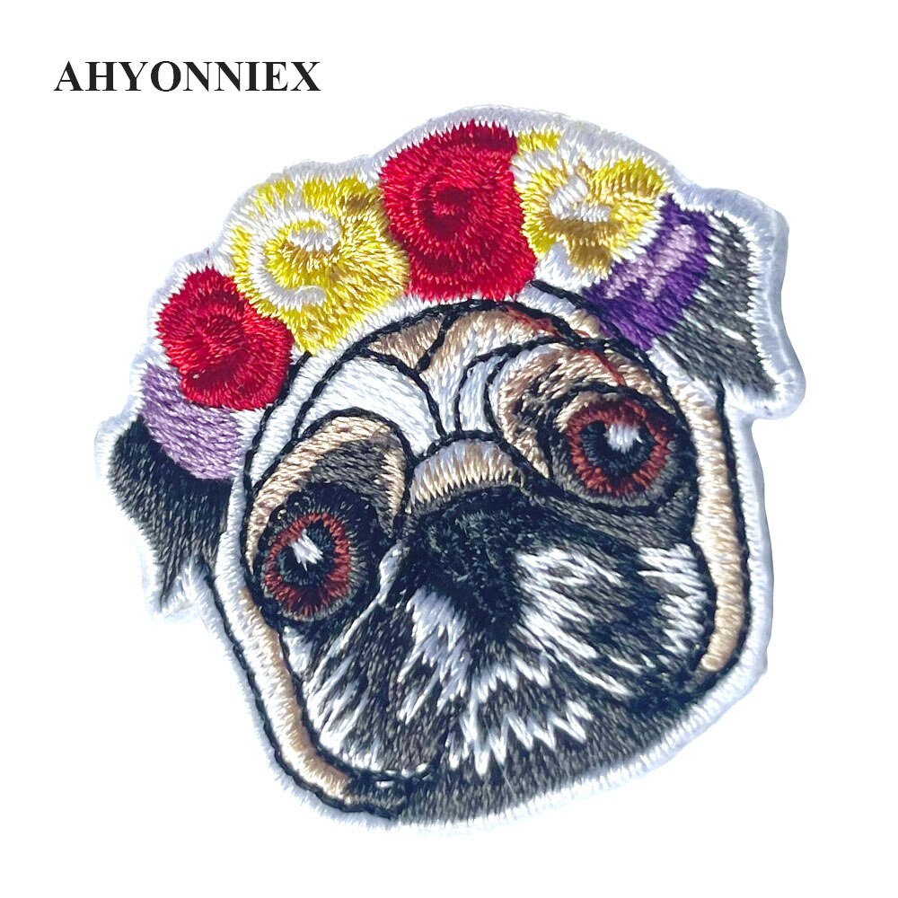 AHYONNIEX Dog Embroidery Parch Flower Pug Iron On Patches For Dresses DIY Clothing Iron on Dog Emblem