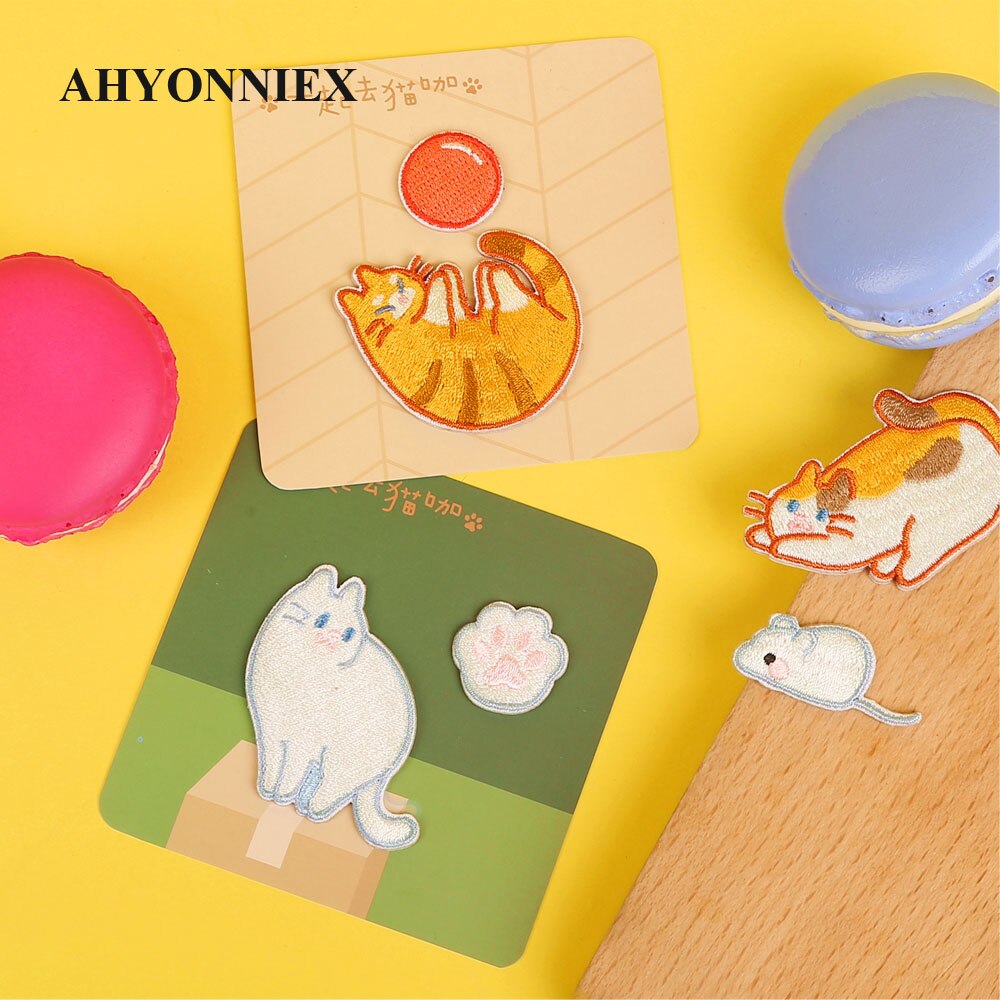 AHYONNIEX Embroidery Cat Patch Iron On Patches for Clothing Jeans Bags Sewing Applique Cute Animal Parches DIY Clothes Stickers