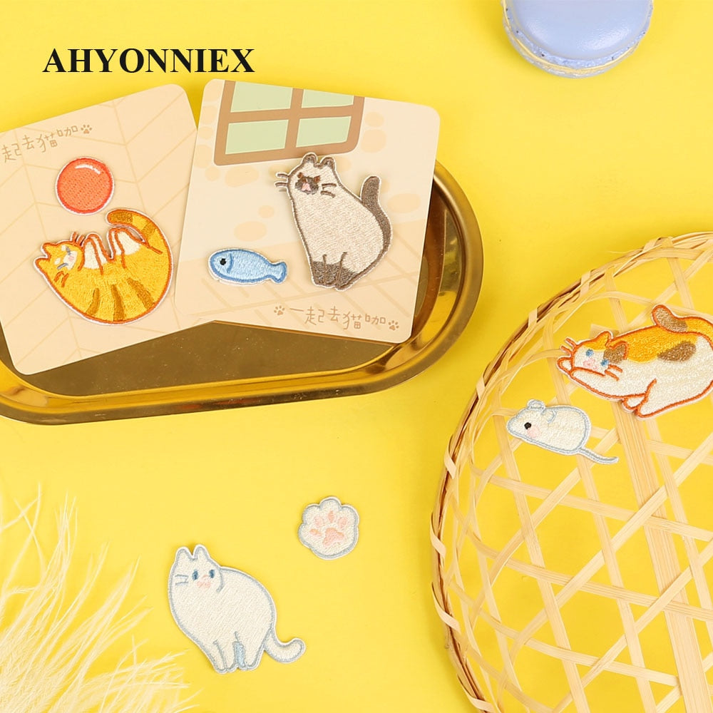 AHYONNIEX Embroidery Cat Patch Iron On Patches for Clothing Jeans Bags Sewing Applique Cute Animal Parches DIY Clothes Stickers