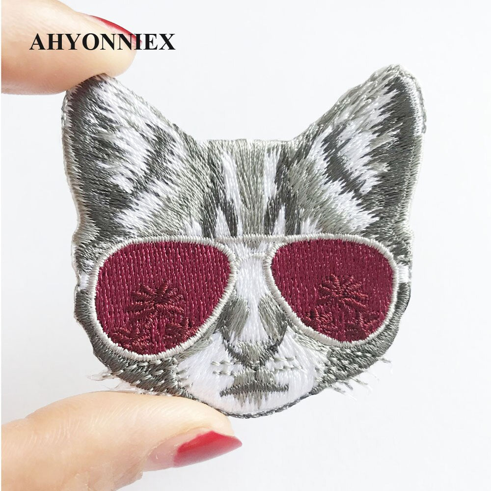 AHYONNIEX Glasses Cat Patch for Clothing Iron on Embroidered Sewing Applique Cute Sew On Fabric Badge DIY Apparel Accessories