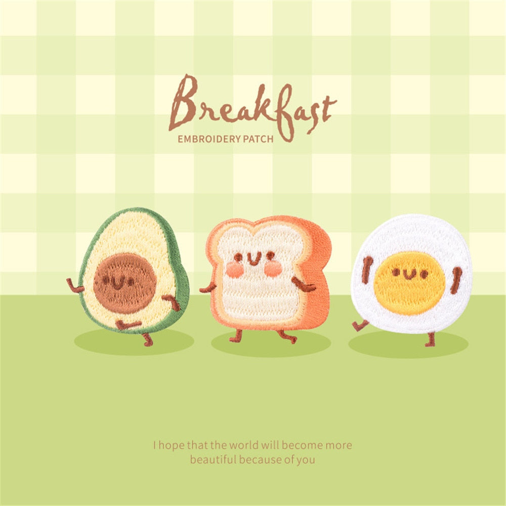 Cartoon Happy Breakfast Embroidery Bread Egg Avocado Patches