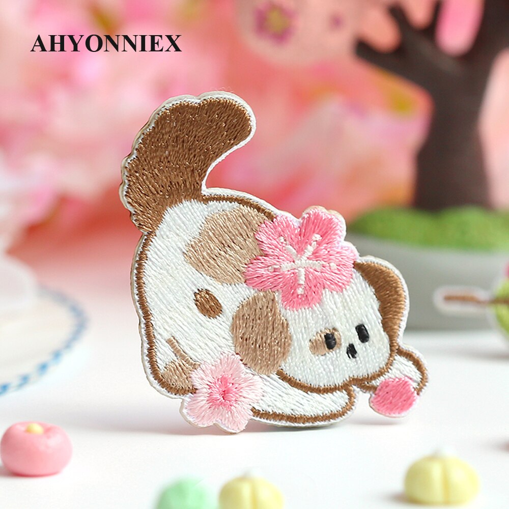 AHYONNIEX New Cherry Flower Embroidery Patches for Bag Jeans Dog Cat Iron On Patches for Clothes Small DIY Patches
